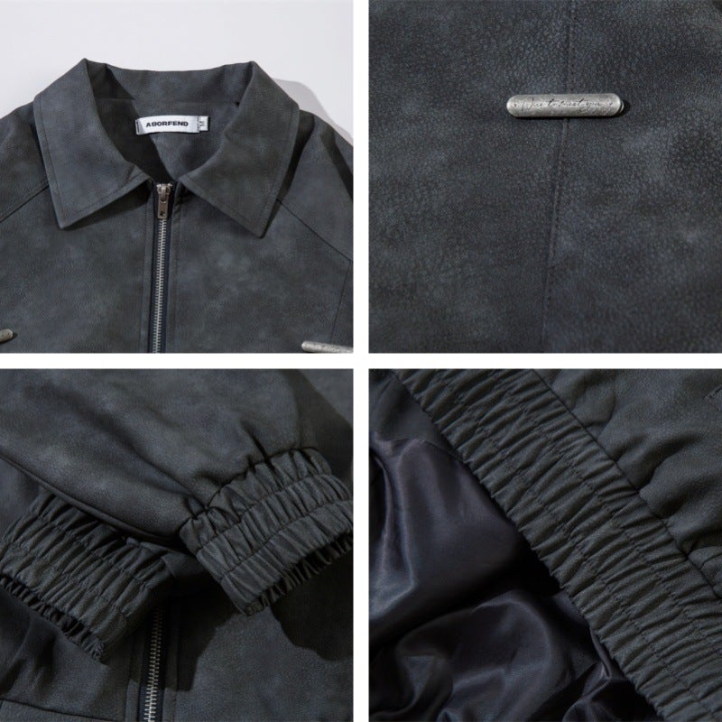 American Style Retro Trendy Brand Solid Color Pu Leather Jacket Coat Men'S And Women'S Autumn Loose Couples High-End Motorcycle Leather Coat - Image 5