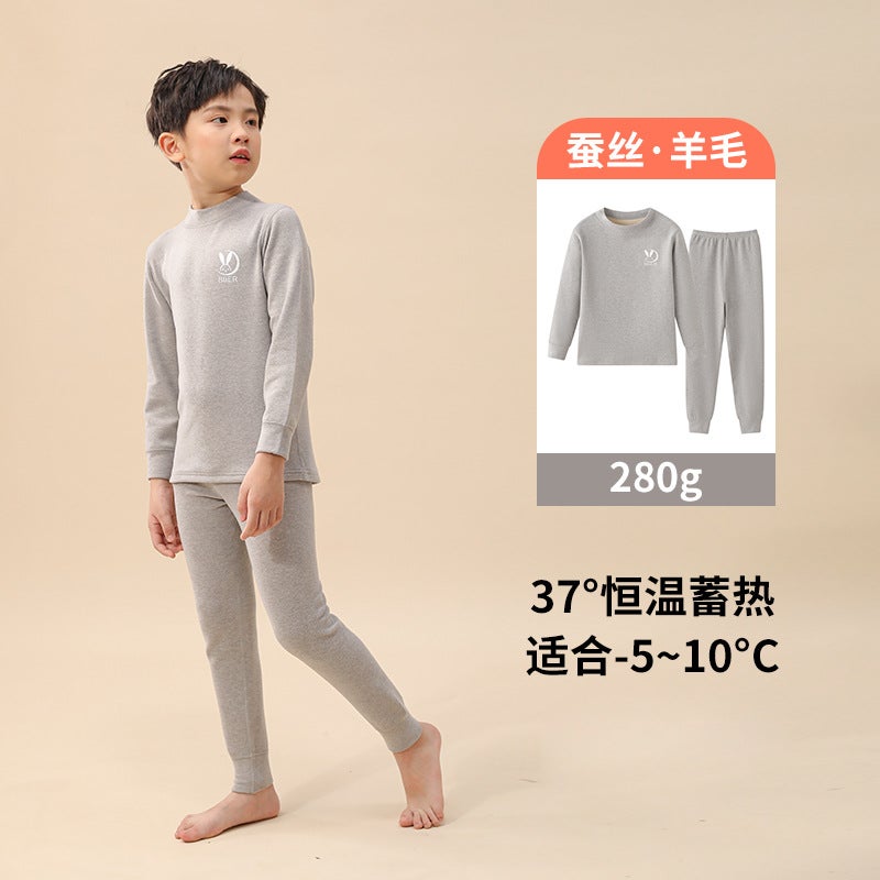 Children'S Wool Thermal Underwear Suit Baby Silk Autumn Clothes Long Pants Middle And Big Children Winter Double-Sided Brushed Pajamas - Image 1