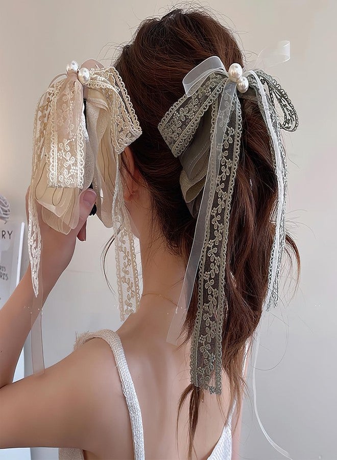 BASEMMAHER 2Pcs Lace Bow Banana Hair Clips Beige Green Ribbon Bowknot Vertical Ponytail Holders Claw Clip Sweet Pearl Banana Hairpins for Women Girls Hair Barrette Accessories Wedding Party Daily Use - Image 4