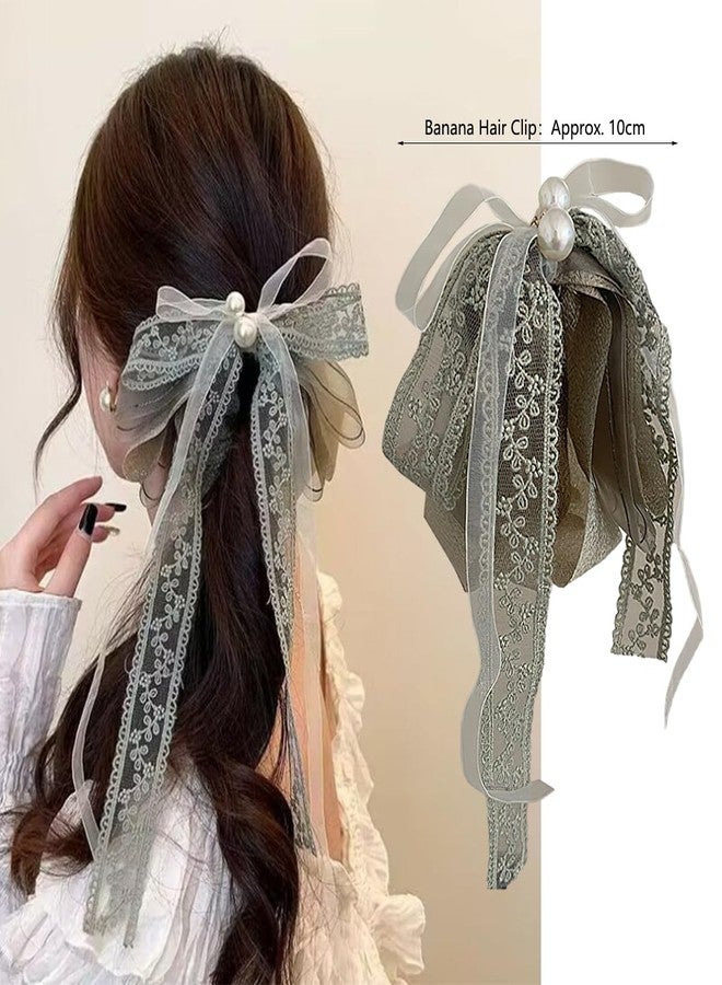 BASEMMAHER 2Pcs Lace Bow Banana Hair Clips Beige Green Ribbon Bowknot Vertical Ponytail Holders Claw Clip Sweet Pearl Banana Hairpins for Women Girls Hair Barrette Accessories Wedding Party Daily Use - Image 2