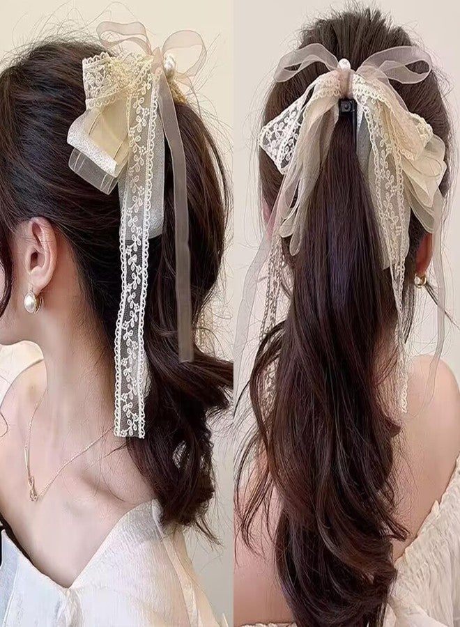 BASEMMAHER 2Pcs Lace Bow Banana Hair Clips Beige Green Ribbon Bowknot Vertical Ponytail Holders Claw Clip Sweet Pearl Banana Hairpins for Women Girls Hair Barrette Accessories Wedding Party Daily Use - Image 5