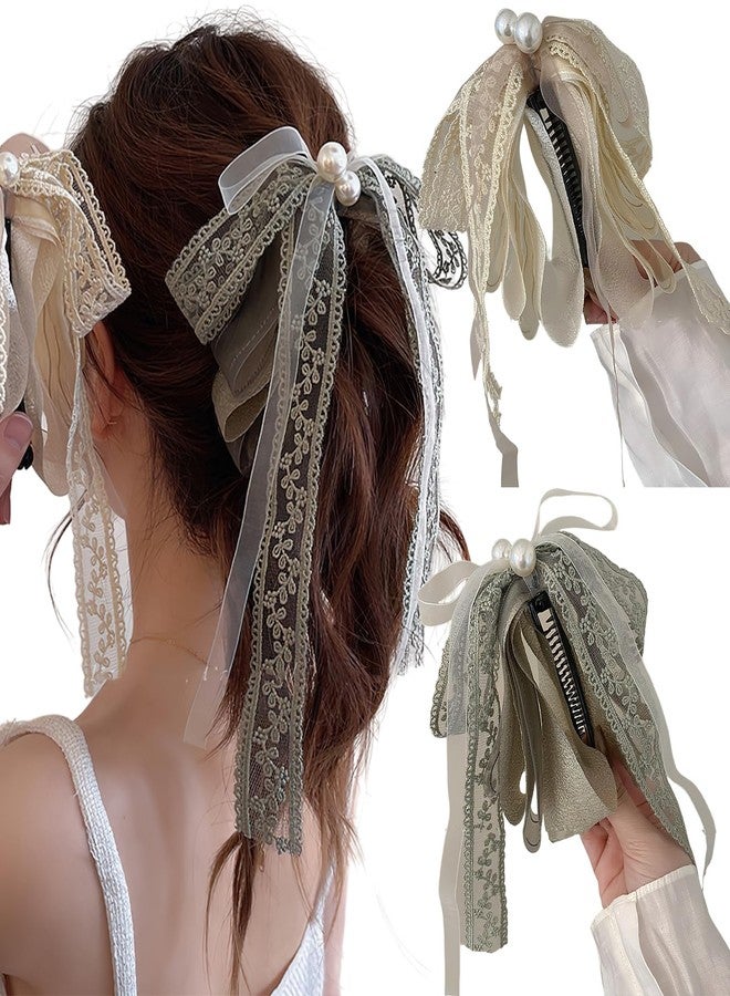 BASEMMAHER 2Pcs Lace Bow Banana Hair Clips Beige Green Ribbon Bowknot Vertical Ponytail Holders Claw Clip Sweet Pearl Banana Hairpins for Women Girls Hair Barrette Accessories Wedding Party Daily Use - Image 1