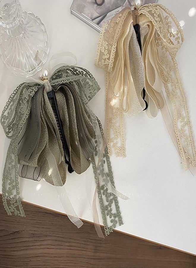 BASEMMAHER 2Pcs Lace Bow Banana Hair Clips Beige Green Ribbon Bowknot Vertical Ponytail Holders Claw Clip Sweet Pearl Banana Hairpins for Women Girls Hair Barrette Accessories Wedding Party Daily Use - Image 3