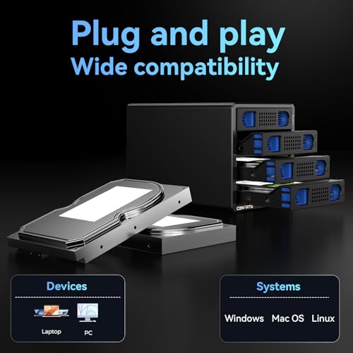 CENMATE 4 Bay Hard Drive Enclosure with Cooling Fan for 2.5/3.5" SATA HDD/SSD with USB A/C 3.0＋eSATA Cable, 3.5 Hard Drive Reader Supports 80TB Capacity(NO RAID/NAS) - Image 5
