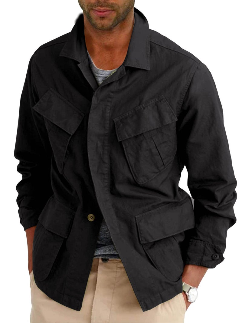 Runcati Mens Lightweight Safari Jacket Button Up Cotton Outdoor Military Cargo Long Sleeve Outwear Black