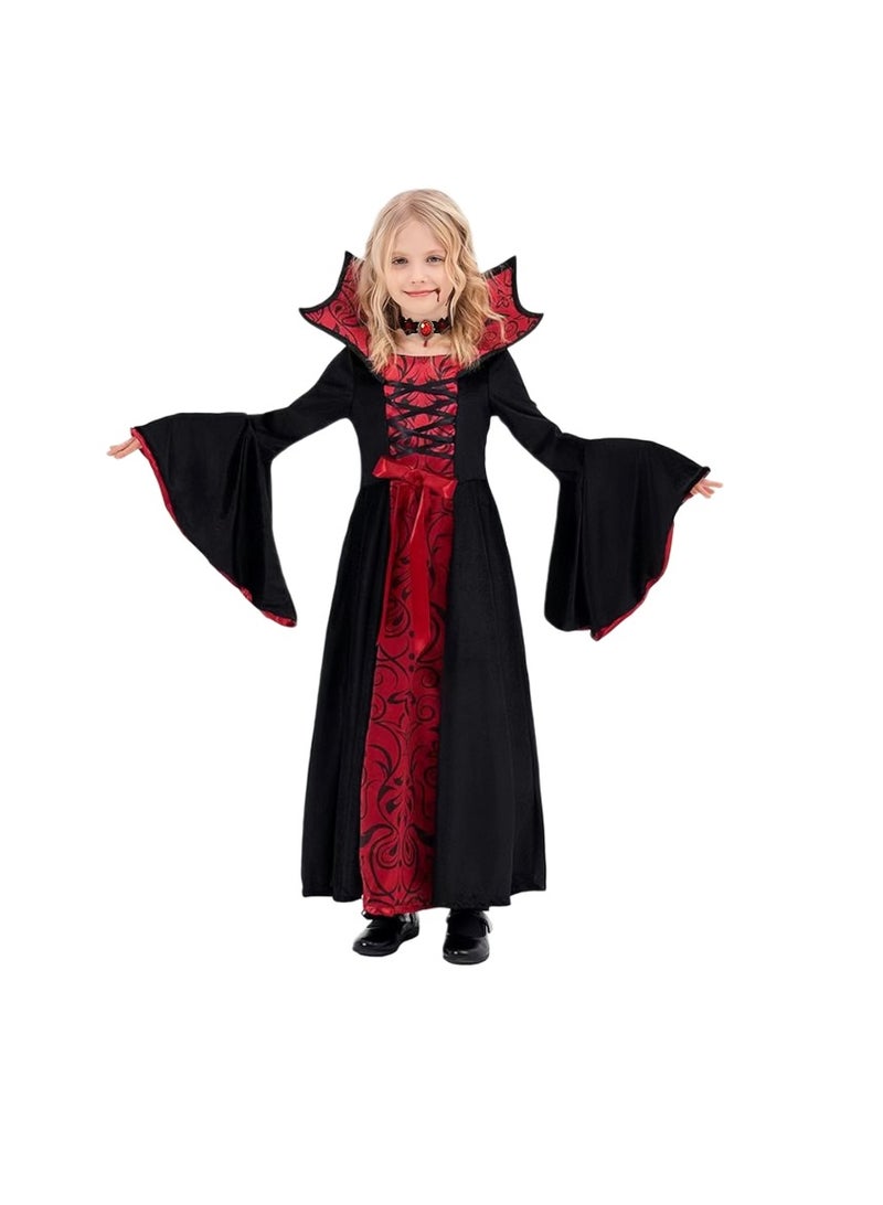 CityRiya-Long Kids Vampire & Witch Costume for Girls, Halloween Gothic Fancy Dress with Hood, Children's Dress Up Outfit for Vampire Witch Cosplay (Ages 4-10, L) - Image 1