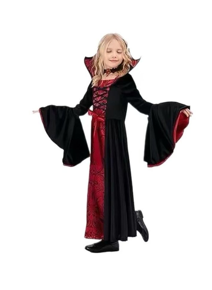 CityRiya-Long Kids Vampire & Witch Costume for Girls, Halloween Gothic Fancy Dress with Hood, Children's Dress Up Outfit for Vampire Witch Cosplay (Ages 4-10, L) - Image 3