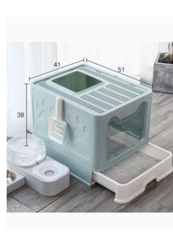 Two-Way Foldable Drawer Type Cat Litter Box Blue 51x41x38cm - Image 4