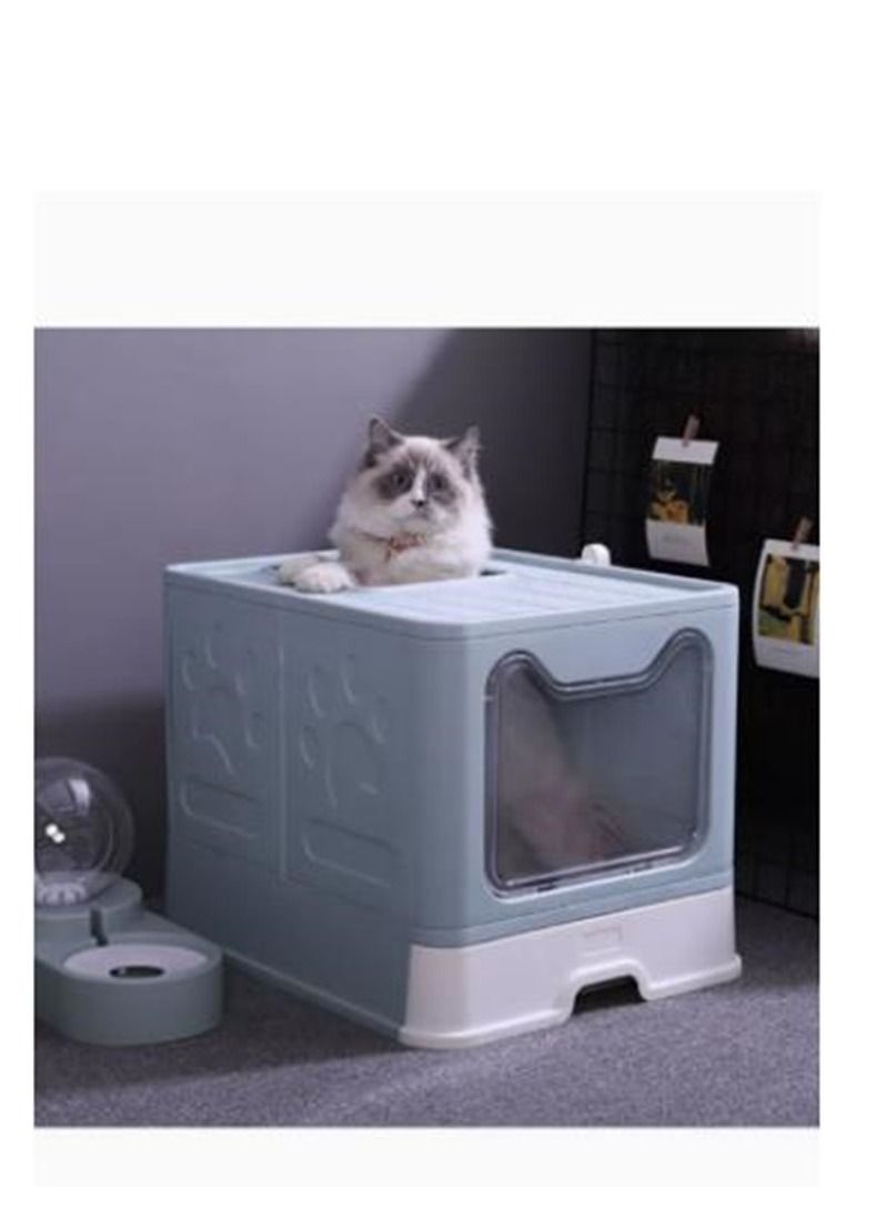 Two-Way Foldable Drawer Type Cat Litter Box Blue 51x41x38cm - Image 3