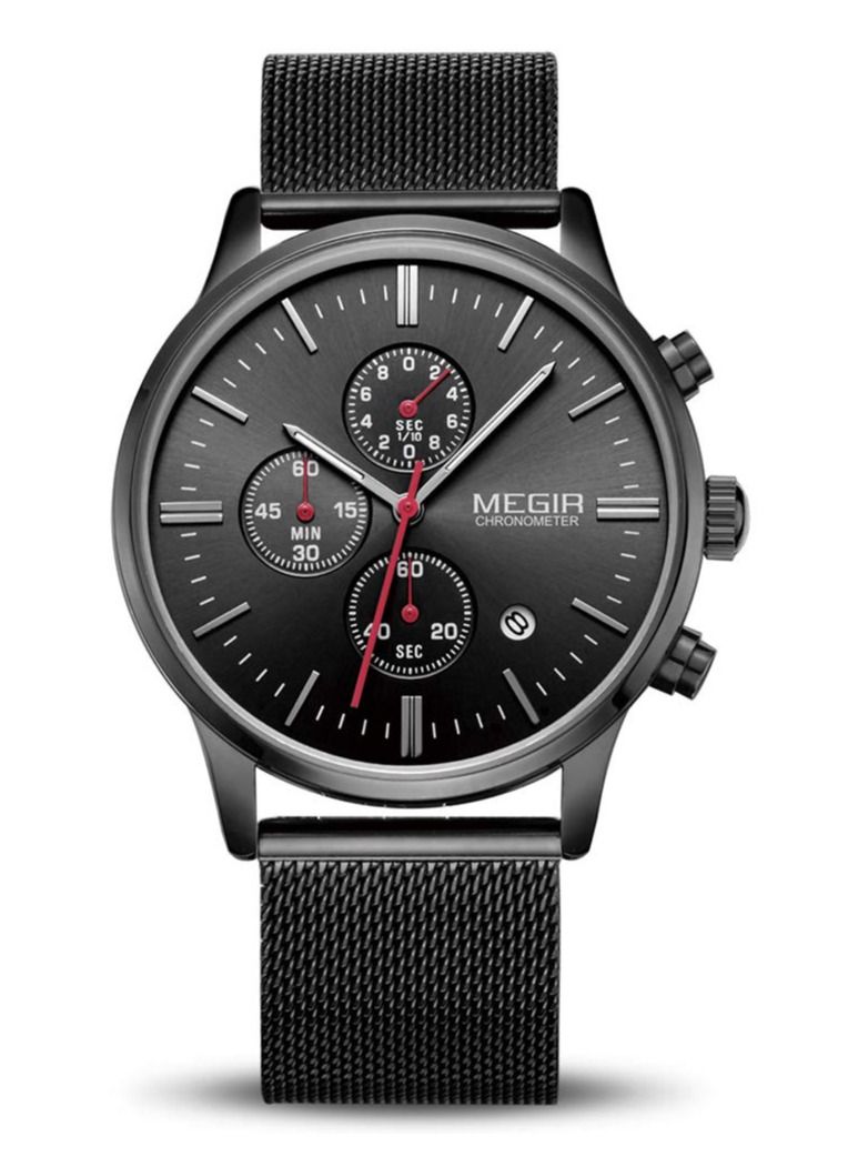 MEGIR Men Business Analog Quartz Watch Chronograph Luminous Calendar Functions with Mesh Black Stainless Steel Strap Thin Case - Image 1