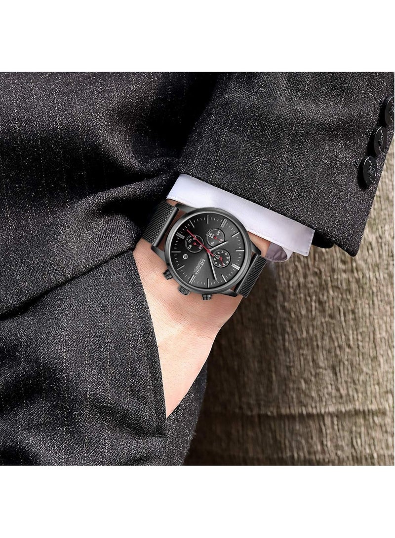 MEGIR Men Business Analog Quartz Watch Chronograph Luminous Calendar Functions with Mesh Black Stainless Steel Strap Thin Case - Image 3