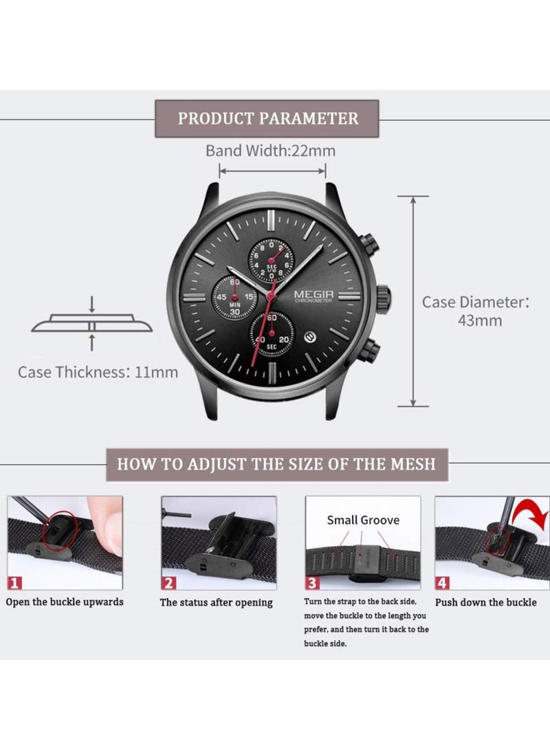 MEGIR Men Business Analog Quartz Watch Chronograph Luminous Calendar Functions with Mesh Black Stainless Steel Strap Thin Case - Image 5