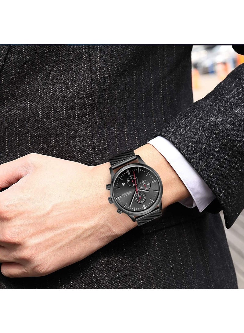 MEGIR Men Business Analog Quartz Watch Chronograph Luminous Calendar Functions with Mesh Black Stainless Steel Strap Thin Case - Image 2