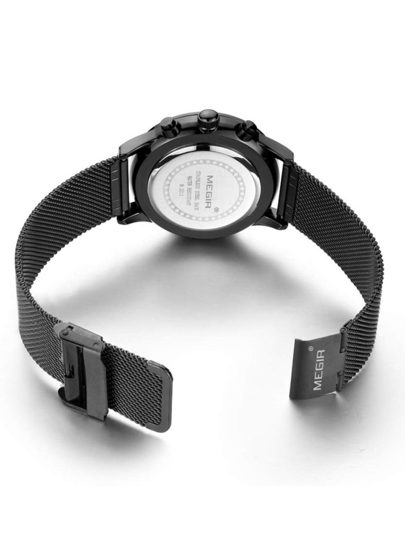 MEGIR Men Business Analog Quartz Watch Chronograph Luminous Calendar Functions with Mesh Black Stainless Steel Strap Thin Case - Image 4