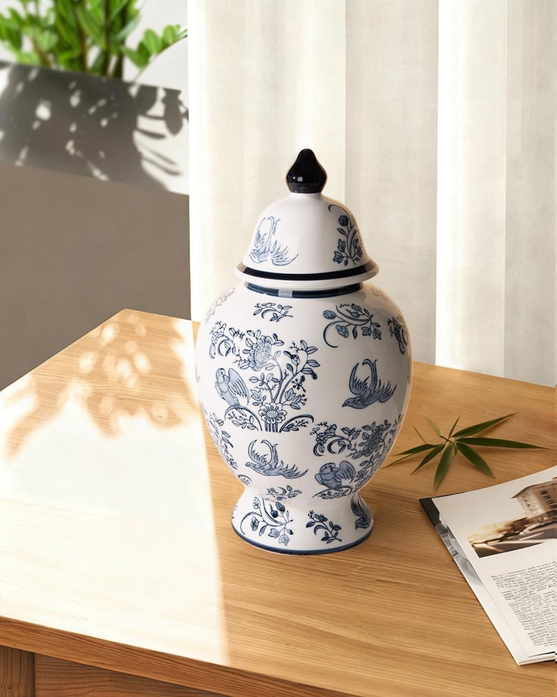 Magclay Large Decorative Jars with Lid, Blue and White Ceramic Ginger Jar for Home Decor, Chinoiserie Vase Decor, Birds - Image 3