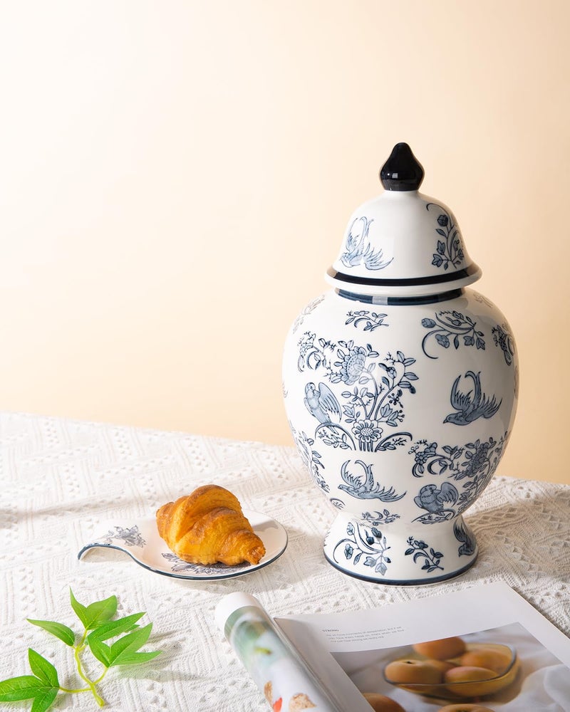 Magclay Large Decorative Jars with Lid, Blue and White Ceramic Ginger Jar for Home Decor, Chinoiserie Vase Decor, Birds - Image 5