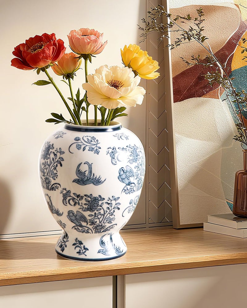 Magclay Large Decorative Jars with Lid, Blue and White Ceramic Ginger Jar for Home Decor, Chinoiserie Vase Decor, Birds - Image 4