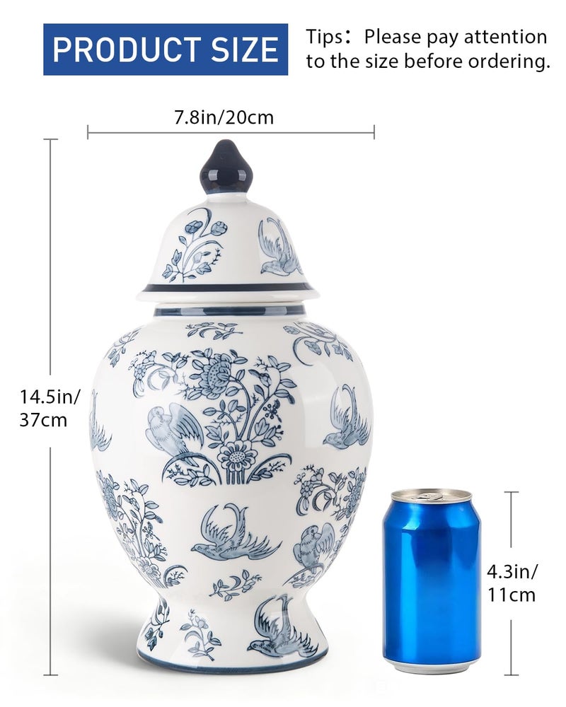 Magclay Large Decorative Jars with Lid, Blue and White Ceramic Ginger Jar for Home Decor, Chinoiserie Vase Decor, Birds - Image 2