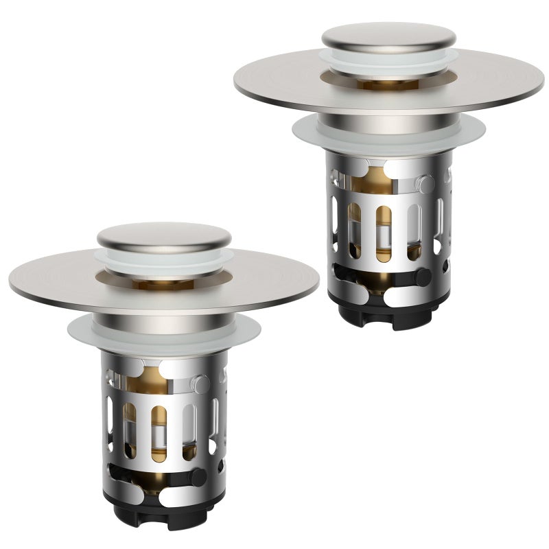 Hibbent 2 Pack Upgraded 3 in 1 Bathroom Sink Drain Strainer Universal Pop Up Stopper with Removable Stainless Steel Filter Basket Hair Catcher Sink Plug for 11236 Basin Brushed Nickel - Image 2
