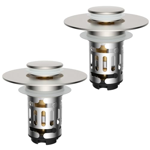 Hibbent 2 Pack Upgraded 3 in 1 Bathroom Sink Drain Strainer Universal Pop Up Stopper with Removable Stainless Steel Filter Basket Hair Catcher Sink Plug for 11236 Basin Brushed Nickel - Image 1