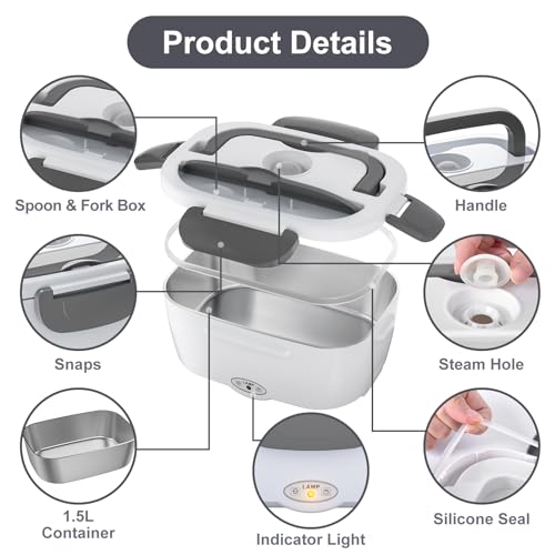 Vabaso Electric Lunch Box Food Heater, 80W Electric Heating Lunch Boxes Lunch for Car/Men/Adults/Home/Work, 1.5L Removable 304 Stainless Steel Container, 110V/12V/24V, with Fork & Spoon - Image 5