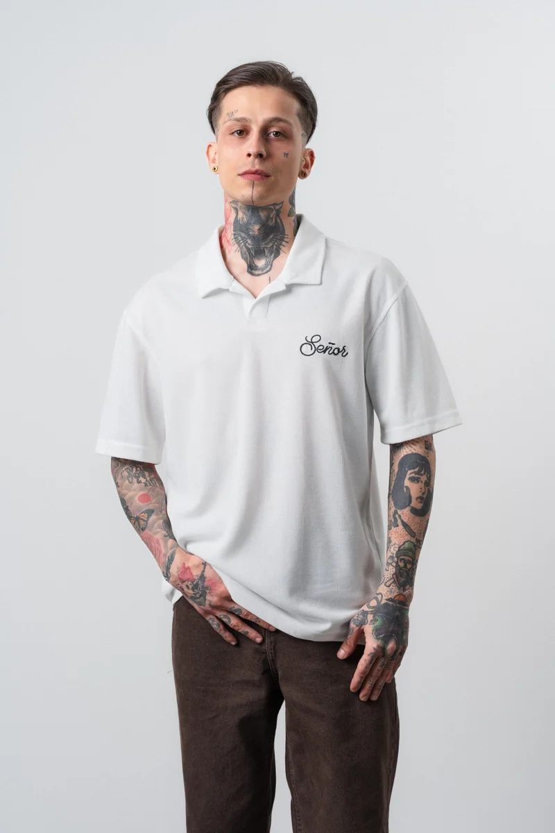 Respire Men's Senior Print Polo Collar Regular Fit T-Shirt, Ecru