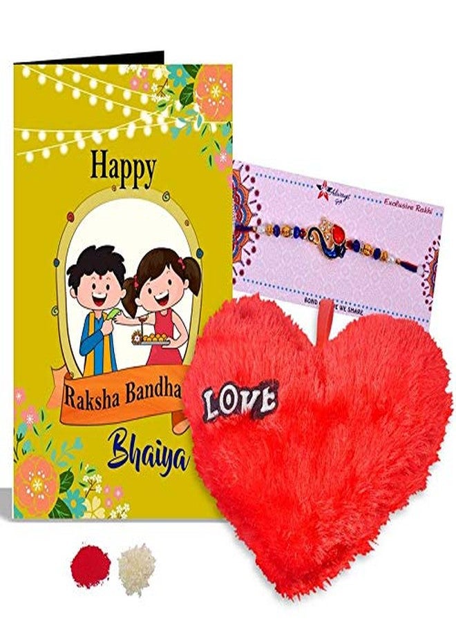 Alwaysgift STUNNING PEACOCK KUNDAN RAKHI Happy Raksha Bandhan Bhaiya Greeting Card & Love Soft Cushion Combo - Image 1