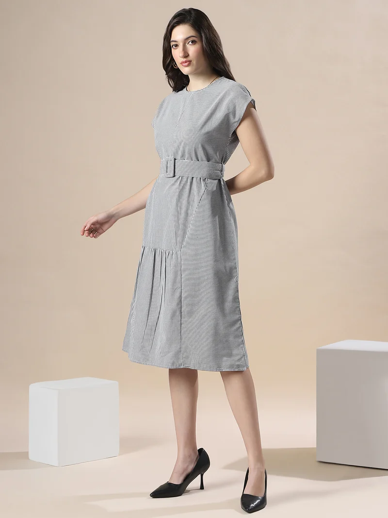 globus Globus Women Multi Striped Boat Neck Extended Sleeve Belted Detail Knee Length Fit & Flare Dress