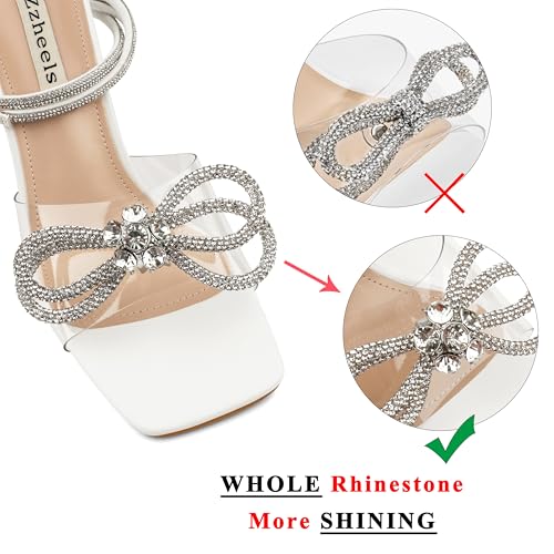 Zzheels Double Bowknots Crystal Sandals Clear Slingback Heels Square Toe Shoes for Party Wedding Dating White US8.5 - Image 2