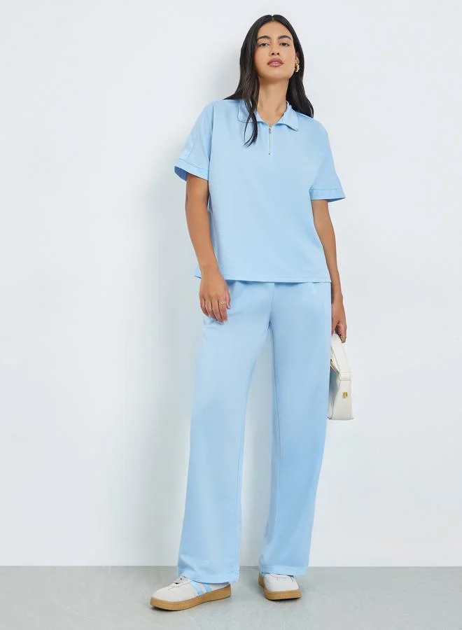 Blue Short Sleeve Polo T-Shirt and Wide Leg Pants Co-Ords