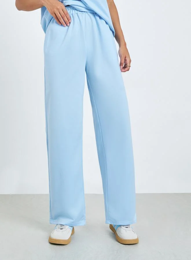 Styli  Blue Short Sleeve Polo T-Shirt and Wide Leg Pants Co-Ords for Women | Best Price UAE