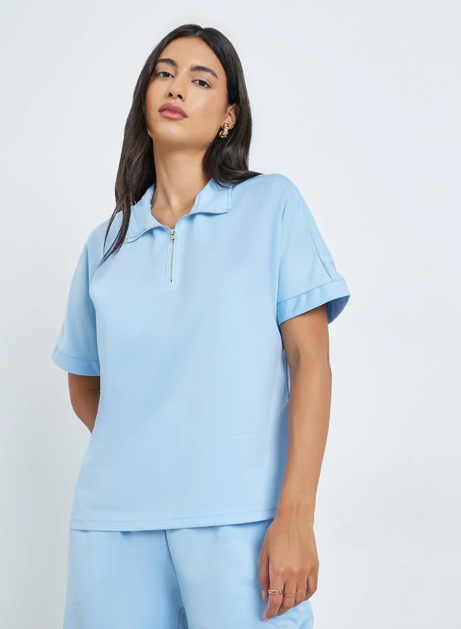 Styli  Blue Short Sleeve Polo T-Shirt and Wide Leg Pants Co-Ords for Women | Best Price UAE