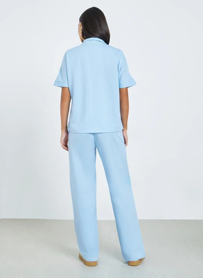 Styli  Blue Short Sleeve Polo T-Shirt and Wide Leg Pants Co-Ords for Women | Best Price UAE
