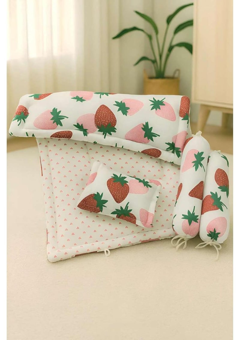 NWF Baby Bedding Set Pack of 4 | 100% Cotton Mattress with Pillow & 2 Bolsters | Soft & Breathable | Strawberry Print (Pink & White) | 26x40 Inches | Unisex | 0-24 Months - Image 2