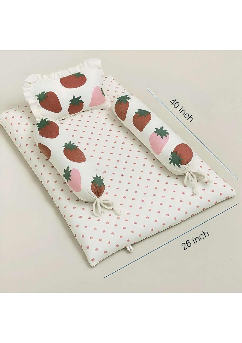 NWF Baby Bedding Set Pack of 4 | 100% Cotton Mattress with Pillow & 2 Bolsters | Soft & Breathable | Strawberry Print (Pink & White) | 26x40 Inches | Unisex | 0-24 Months - Image 5