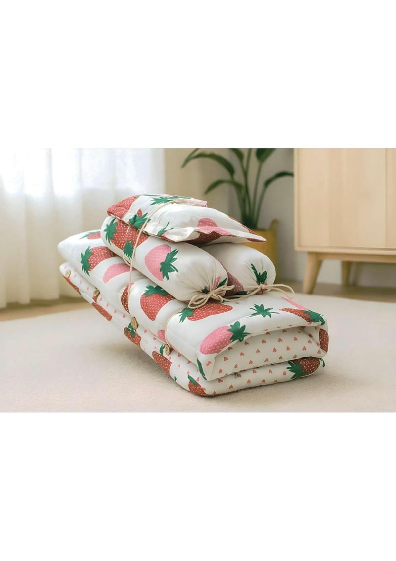 NWF Baby Bedding Set Pack of 4 | 100% Cotton Mattress with Pillow & 2 Bolsters | Soft & Breathable | Strawberry Print (Pink & White) | 26x40 Inches | Unisex | 0-24 Months - Image 3