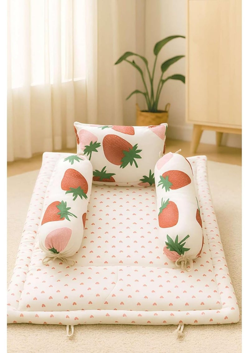 NWF Baby Bedding Set Pack of 4 | 100% Cotton Mattress with Pillow & 2 Bolsters | Soft & Breathable | Strawberry Print (Pink & White) | 26x40 Inches | Unisex | 0-24 Months - Image 1