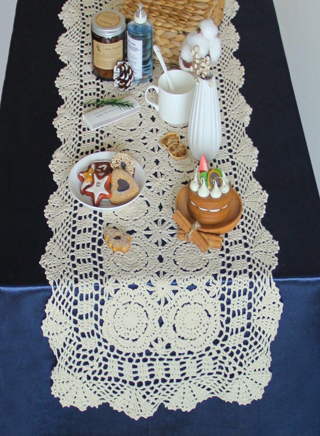 kilofly Handmade Crochet Lace Rectangular Table Runner 15 x 71 Inch, Beige - Image 2