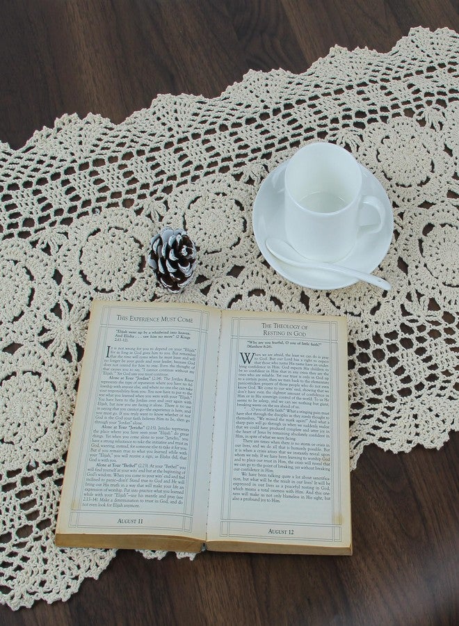 kilofly Handmade Crochet Lace Rectangular Table Runner 15 x 71 Inch, Beige - Image 4