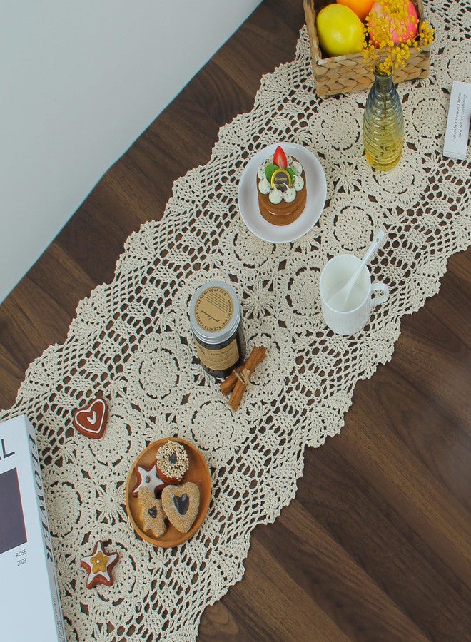 kilofly Handmade Crochet Lace Rectangular Table Runner 15 x 71 Inch, Beige - Image 3