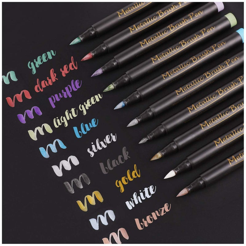 Dyvicl Metallic Brush Marker Pens Metallic Pens Art Markers for Calligraphy Brush Lettering Black Paper Rock Painting Card Making Scrapbooking Fabric Metal Ceramic Wine Glass Set of 10