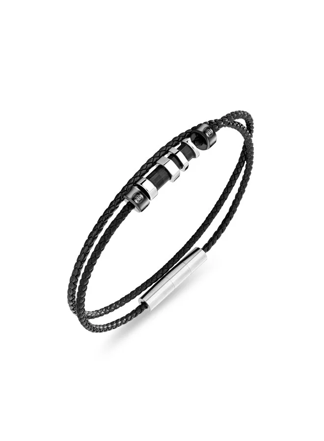 CERRUTI 1881 Tornillo.2 BraceletDouble Tour Black Leather with Steel AccentsAdjustable and Sophisticated Design