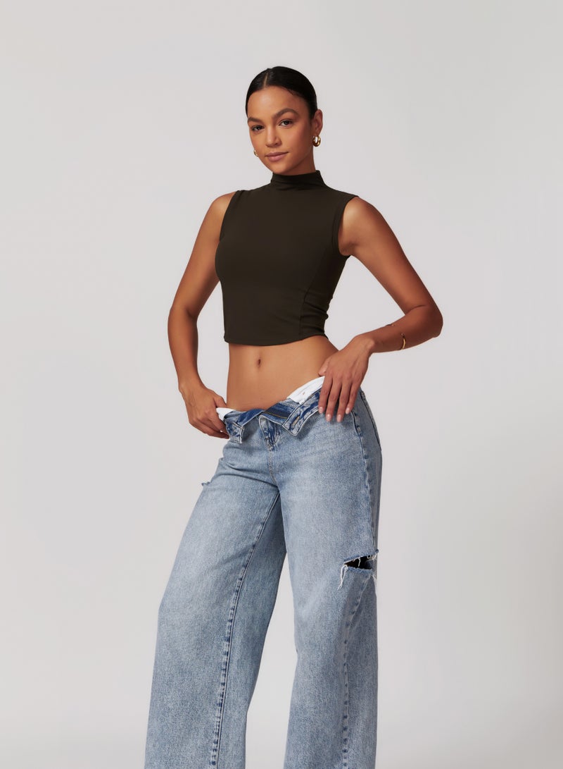 كون.يوغا بلوزة قصيرة نسائية بياقة عالية بدون أكمام - Image 2