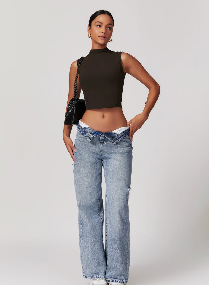 كون.يوغا بلوزة قصيرة نسائية بياقة عالية بدون أكمام - Image 3