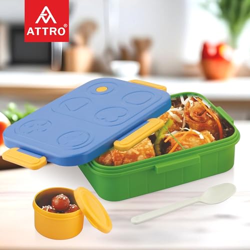 ATTRO TicTac Plastic Lunch Box – 3 Compartment Bento Tiffin, Leak-Proof & Durable, Ideal for Kids, School, Picnic– 1200ml+80ml, Blue Green - Image 2