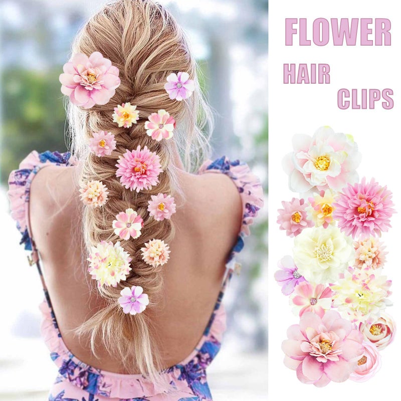 LAPOHI 21 PCS Silk Flower Hair Clip Women Aesthetic Boho Pink Floral Hair Barrettes Handmade Rose Bride Barre Hair Accessories Wedding - Image 4