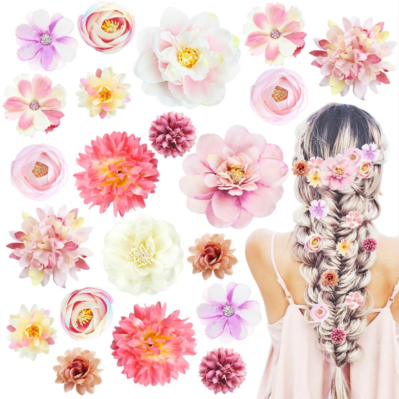 LAPOHI 21 PCS Silk Flower Hair Clip Women Aesthetic Boho Pink Floral Hair Barrettes Handmade Rose Bride Barre Hair Accessories Wedding - Image 1