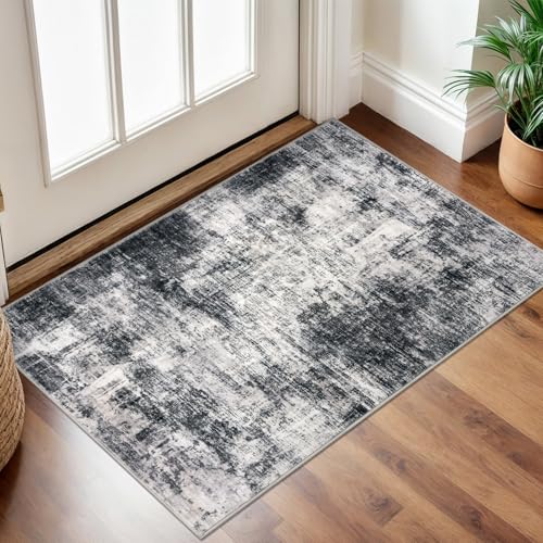 IOHOUZE Small Abstract Area Rug 2x3 Ft Entryway Rugs Washable Door Mat Indoor Entrance Rubber Backed Throw Rugs Printed Faux Wool Non Slip Floor Carpet for Foyer Front Door Sink Black Grey - Image 1