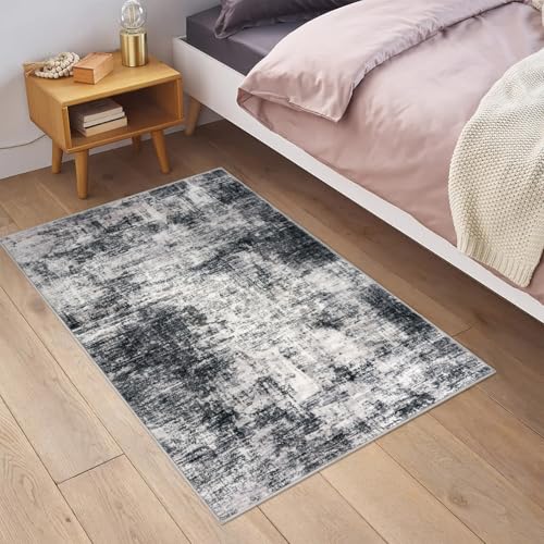 IOHOUZE Small Abstract Area Rug 2x3 Ft Entryway Rugs Washable Door Mat Indoor Entrance Rubber Backed Throw Rugs Printed Faux Wool Non Slip Floor Carpet for Foyer Front Door Sink Black Grey - Image 3