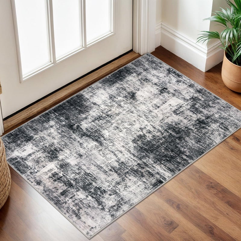 IOHOUZE Small Abstract Area Rug 2x3 Ft Entryway Rugs Washable Door Mat Indoor Entrance Rubber Backed Throw Rugs Printed Faux Wool Non Slip Floor Carpet for Foyer Front Door Sink Black Grey - Image 2